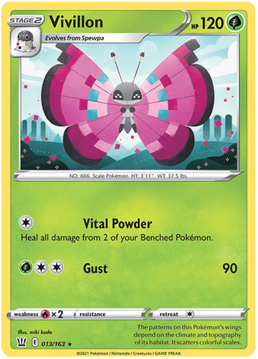 A rare Pokémon trading card featuring Vivillon from the Battle Styles series. This Grass Pokémon boasts a vibrant butterfly design with pink and purple wings that have black edges and colorful patterns. The card, numbered Vivillon (013/163) [Sword & Shield: Battle Styles], displays Vivillon's HP of 120 and features the moves "Vital Powder" and "Gust.