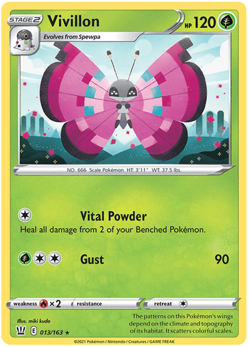A rare Pokémon trading card featuring Vivillon from the Battle Styles series. This Grass Pokémon boasts a vibrant butterfly design with pink and purple wings that have black edges and colorful patterns. The card, numbered Vivillon (013/163) [Sword & Shield: Battle Styles], displays Vivillon's HP of 120 and features the moves "Vital Powder" and "Gust.