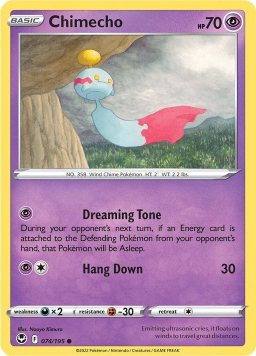 A Chimecho (074/195) [Sword & Shield: Silver Tempest] from Pokémon with a purple border. The card features a floating blue Chimecho with a red, yellow, and pink pattern. It has 70 HP and abilities "Dreaming Tone" and "Hang Down," dealing 30 damage. This Psychic-type card has a x2 weakness to Darkness and -30 resistance to Fighting.