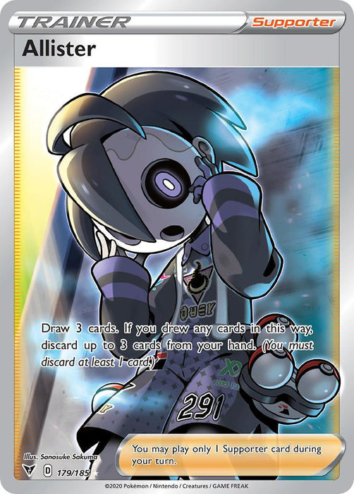 A Pokémon card of the Trainer Supporter "Allister" (179/185) from the Sword & Shield: Vivid Voltage set. This Ultra Rare card features Allister, a character with a dark, eerie aesthetic, wearing a mask and holding a Poké Ball. The card text details the ability to draw 3 cards and then discard up to 3 cards from the hand if cards were drawn.