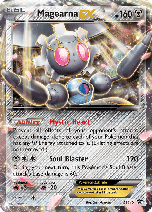 A Pokémon trading card featuring Magearna EX (XY175) [XY: Black Star Promos] with 160 HP. Magearna, a metallic, robotic creature with a round body, blue eyes, and gear-like arms, is showcased on this Black Star Promos card. The card boasts the moves "Mystic Heart" and "Soul Blaster," along with info on Pokémon-EX rules and resistances.