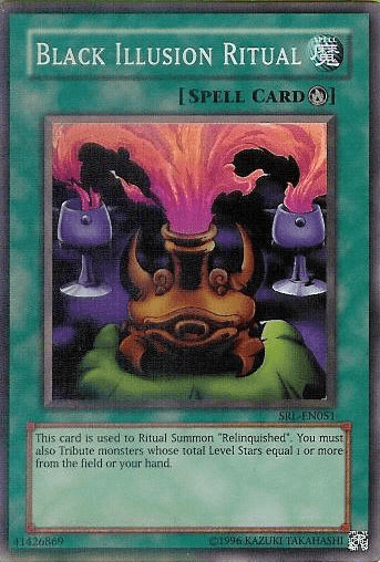 The "Black Illusion Ritual" card, a Super Rare from Yu-Gi-Oh! identified as SRL-051, features an image of a dark cauldron with bright purple and pink flames, accompanied by two goblets. This Ritual Spell is essential for summoning "Relinquished" by tributing monsters.