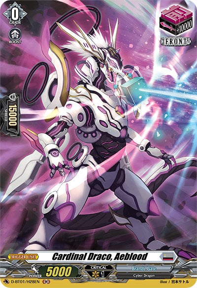 Cardinal Draco, Aeblood (D-BT01/H28EN) [Genesis of the Five Greats], from Bushiroad, is a dynamic card that features a white humanoid-dragon character clad in mechanical armor with black, gold, and purple accents. This creature wields a staff emitting pink energy. The card indicates "Grade 0" and "Boost" in the top left corner and has stats: Power 5000 at the bottom.