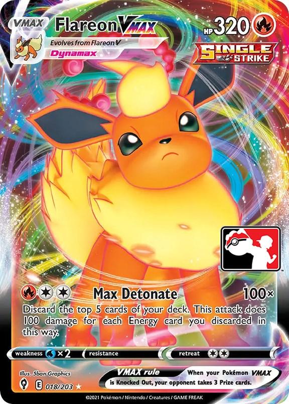 The Flareon VMAX Pokémon card from Prize Pack Series One features Flareon in an energetic stance with flames surrounding its form. With 320 HP and a 