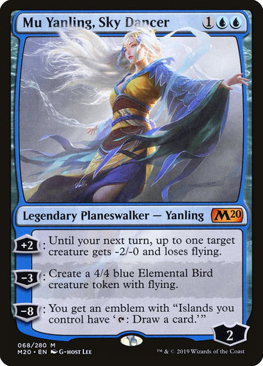 The card image of "Mu Yanling, Sky Dancer [Core Set 2020]" from Magic: The Gathering features a Legendary Planeswalker floating gracefully in blue robes with white hair, amid a cloudy sky and swirling winds, with the card's details elegantly displayed below the art.