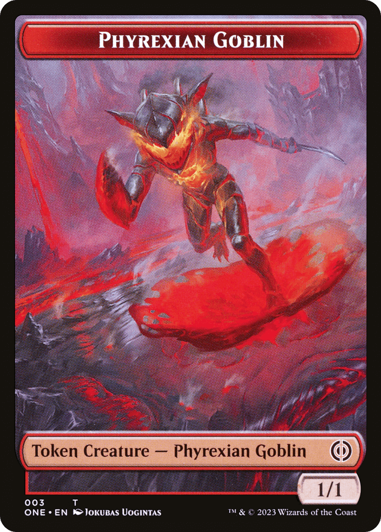 A Phyrexian Goblin // Phyrexian Golem Double-Sided Token from Magic: The Gathering. The foreground depicts a goblin with metallic armor and molten lava-like veins, wielding a large axe and standing on volcanic terrain. The card reads 