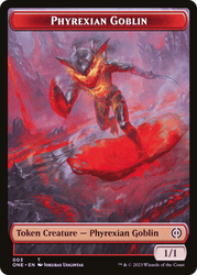 A Phyrexian Goblin // Phyrexian Golem Double-Sided Token from Magic: The Gathering. The foreground depicts a goblin with metallic armor and molten lava-like veins, wielding a large axe and standing on volcanic terrain. The card reads "Token Creature — Phyrexian Goblin" from the *Phyrexia: All Will Be One Tokens* set, displaying a power/toughness of 1.