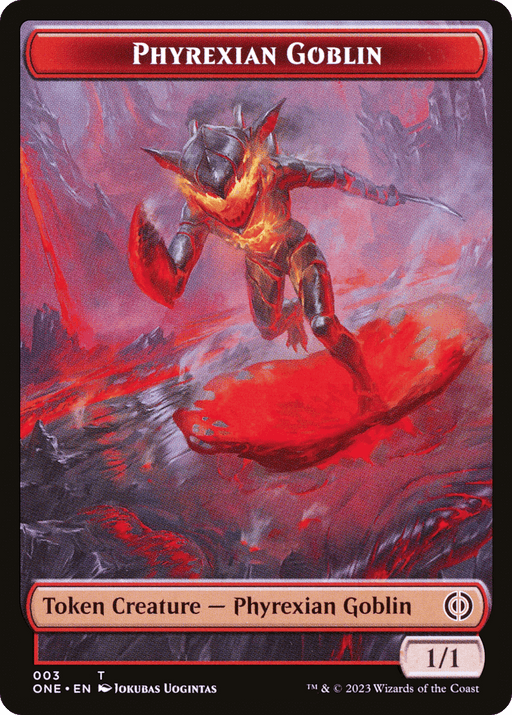 A "Phyrexian Goblin // Samurai Double-Sided Token [Phyrexia: All Will Be One Tokens]" Magic: The Gathering card. It depicts a fierce goblin creature enmeshed in red and black armor with glowing red areas. This Token Creature wields an axe and stands on a glowing, rocky terrain. The card lists it as a 1/1 token creature. Art by Jokubas Uogintas.
