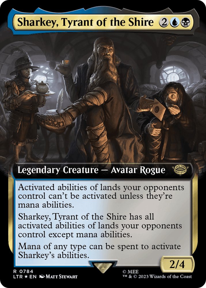 A "Magic: The Gathering" card titled "Sharkey, Tyrant of the Shire (Extended Art) (Surge Foil)," from The Lord of the Rings: Tales of Middle-Earth. This legendary creature is an imposing, armored figure with long hair and a beard, holding a staff in a dark, crowded room. The card's black, blue, and white color scheme complements its detailed icons and ability text.