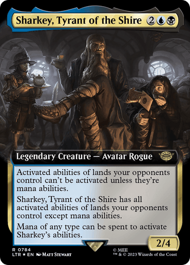 A "Magic: The Gathering" card titled "Sharkey, Tyrant of the Shire (Extended Art) (Surge Foil)," from The Lord of the Rings: Tales of Middle-Earth. This legendary creature is an imposing, armored figure with long hair and a beard, holding a staff in a dark, crowded room. The card's black, blue, and white color scheme complements its detailed icons and ability text.