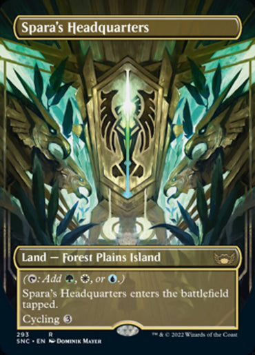 The Magic: The Gathering card "Spara's Headquarters (Borderless Alternate Art) [Streets of New Capenna]" features Dominik Mayer's ornate green, gold, and blue artwork of majestic architecture. As a "Land — Forest Plains Island" card, it provides mana and includes cycling abilities.