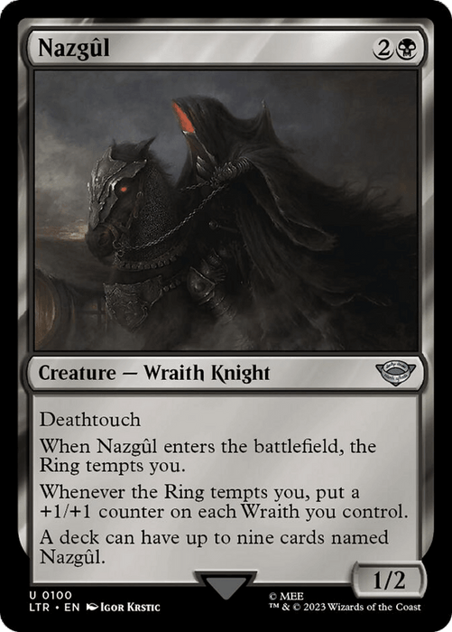 A Nazgûl from The Lord of the Rings rides a dark horse with glowing red eyes through a foggy, ominous landscape. Cloaked in black, this Creature Wraith Knight has an aura of menace. Card text includes deathtouch ability, effects related to the Ring's temptation, and mentions counters for Wraiths. It's a 1/2 Wraith Knight creature from **Nazgul (100) [The Lord of the Rings: Tales of Middle-Earth]** by **Magic: The Gathering**.