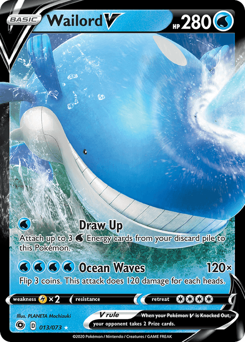 A Pokémon card for "Wailord V (013/073) [Sword & Shield: Champion's Path]" from the Pokémon set features a blue whale-like creature splashing in the ocean. It boasts 280 HP and includes moves like "Draw Up" for attaching Energy cards and "Ocean Waves," which involves flipping 3 coins, dealing 120 damage per heads. Illustrated by PLANETA Mochizuki.