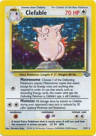 A Clefable (1/64) [Jungle Unlimited] card from Pokémon. The card is from the first edition with a star sign at the bottom right. It has 70 HP and is a Stage 1 Colorless Pokémon evolving from Clefairy. The card has yellow borders, an image of Clefable, and detailed information on height, weight, and its abilities.