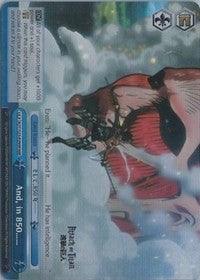 A Triple Rare trading card featuring an illustration of a giant humanoid figure with reddish skin, partially obscured by white clouds. The card has a silver background border and displays various stats and text descriptions along the top and left edges, including special abilities and character traits. The product name is **And, in 850... (AOT/S35-E099R RRR) [Attack on Titan]** by **Bushiroad**.
