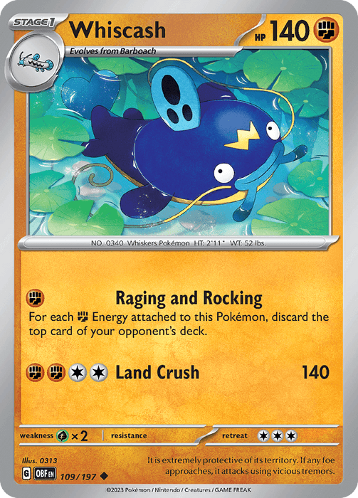 A Pokémon card depicts Whiscash, a blue, catfish-like creature with yellow markings and a distinctive yellow “W” on its forehead. The card, part of the Pokémon series Scarlet & Violet: Obsidian Flames, has 140 HP and features two moves: "Raging and Rocking" and "Land Crush." The background shows a dynamic, aquatic scene.