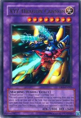 Image of a Yu-Gi-Oh! trading card named "XYZ-Dragon Cannon [DR1-EN107] Ultra Rare." This Ultra Rare Fusion/Effect Monster features a robotic dragon with multiple cannons in a dynamic and colorful pose. With ATK/2800 DEF/2600 stats, it requires three specific cards for its special summon. Found in Dark Revelation Volume 1.