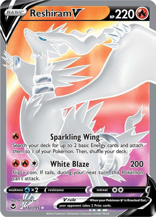The image is a Pokémon trading card for "Reshiram V (172/195) [Sword & Shield: Silver Tempest]," illustrated with a majestic white dragon with flowing fur, adorned with red and orange accents. It has 220 HP and features the moves "Sparkling Wing" and "White Blaze." This Ultra Rare card from the Pokémon series stands out against a purple and black background.