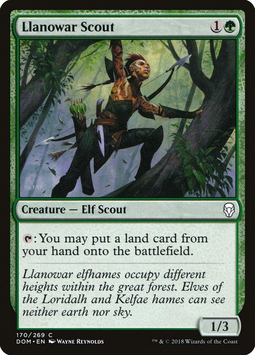 A Magic: The Gathering card titled "Llanowar Scout [Dominaria]" depicts an Elf Scout perched on a tree branch in a dense forest. Costing 1 generic and 1 green mana, it can tap to place a land card from your hand onto the battlefield. This Creature boasts 1/3 strength/toughness.