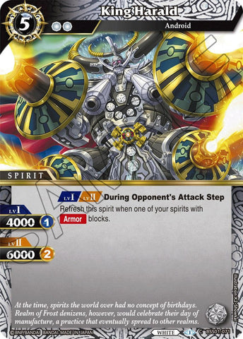 In the Realm of Frost, the trading card titled "King Harald (BSS01-071) [Dawn of History]" by Bandai features a mechanical warrior adorned in vibrant, intricate armor with glowing blue accents and a majestic red cape. With a cost of 5, it has power levels of 4000 and 6000 at levels 1 and 2 respectively, complete with special abilities and narrative text.