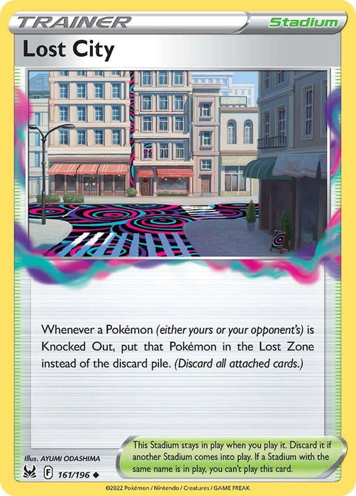 The image features the Pokémon card "Lost City (161/196) [Sword & Shield: Lost Origin]" from Pokémon. This Stadium Trainer card depicts an eerie, colorful cityscape by Ayumu Odashima. Its effect sends knocked-out Pokémon to the Lost Zone instead of the discard pile, with text below detailing its Stadium rule and effect.
