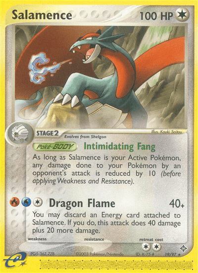 The image showcases a rare Pokémon trading card, Salamence (19/97) [EX: Dragon], from the Pokémon brand. It features Salamence with 100 HP, evolving from Shelgon. The card is equipped with the abilities "Intimidating Fang" and "Dragon Flame," each described in detail. The holographic background highlights a vivid illustration of Salamence in action.