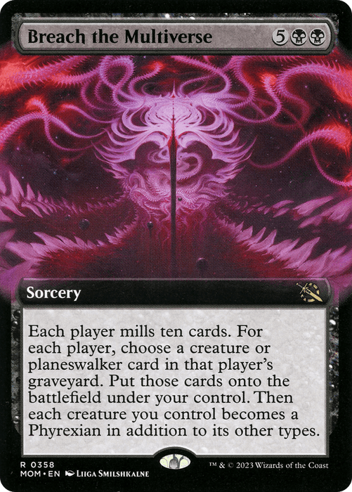 Image of a Magic: The Gathering card titled "Breach the Multiverse (Extended Art) [March of the Machine]," a rare black sorcery spell from Magic: The Gathering, costing 5 generic and 2 black mana. The art shows an ominous figure with pink energy. It mills ten cards, reanimates creatures or planeswalkers, and transforms them. Art by Liiga Smilshkalne (MOM