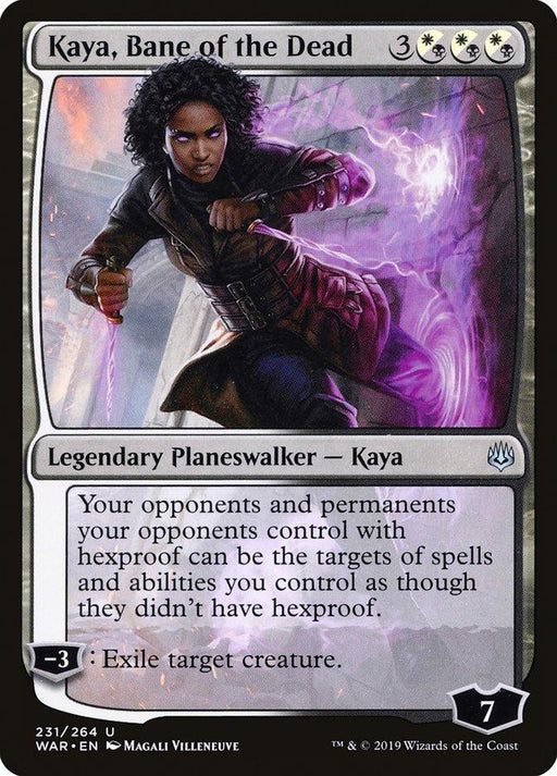 A Magic: The Gathering card titled Kaya, Bane of the Dead [War of the Spark]. This Legendary Planeswalker from War of the Spark depicts Kaya, a dark-skinned woman with curly hair wielding two glowing purple daggers. She stands in a powerful pose with one dagger raised. The card has a border and text detailing its in-game abilities and stats.