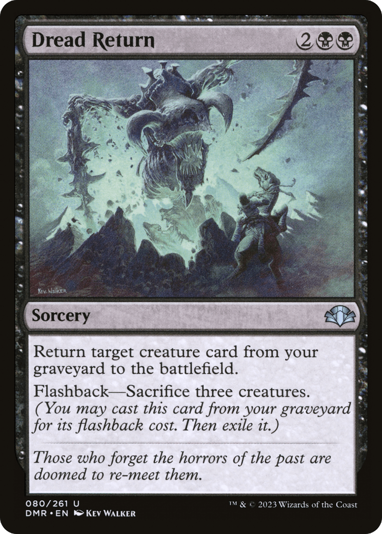 A Magic: The Gathering product titled **Dread Return [Dominaria Remastered]**. The illustration depicts a monstrous, skeletal dragon emerging from a graveyard with ghostly figures around. The card's text reads: 