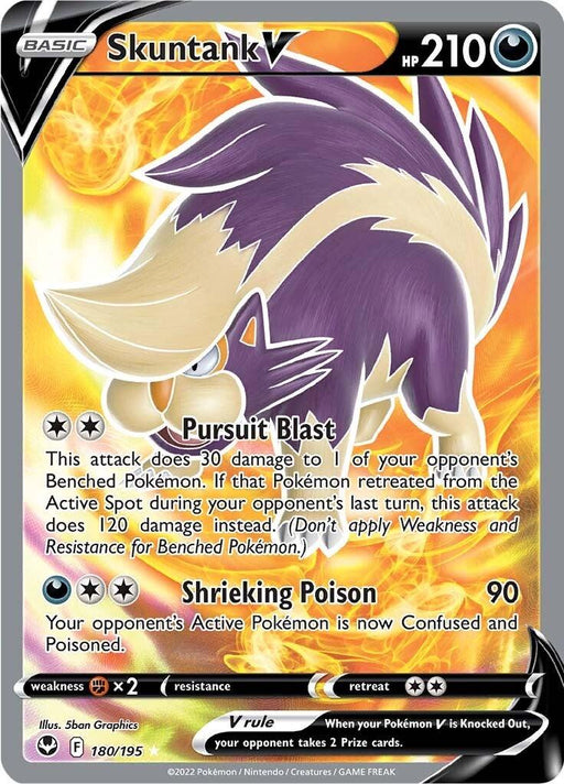 A Pokémon card titled "Skuntank V (180/195) [Sword & Shield: Silver Tempest]" with 210 HP from the *Silver Tempest* set. The card shows a skunk-like creature with a large bushy tail. It has two attacks: "Pursuit Blast," causing 30 damage, and "Shrieking Poison," causing 90 damage and inflicting confusion and poison.