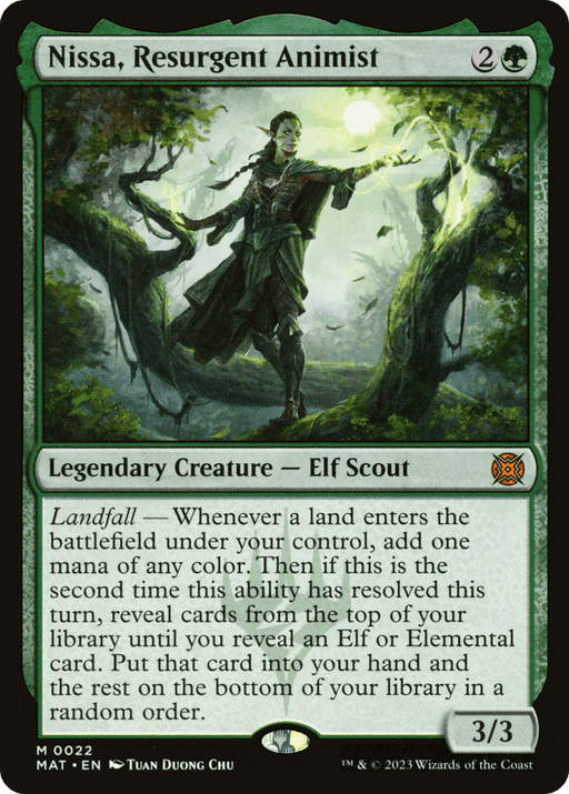 A Magic: The Gathering card titled "Nissa, Resurgent Animist [March of the Machine: The Aftermath]." It shows a Legendary Creature, an elf scout standing on a moss-covered cliff, holding a staff. The card features the Landfall ability, producing mana and a library search effect for Elf or Elemental cards. Its rarity is mythic rare.