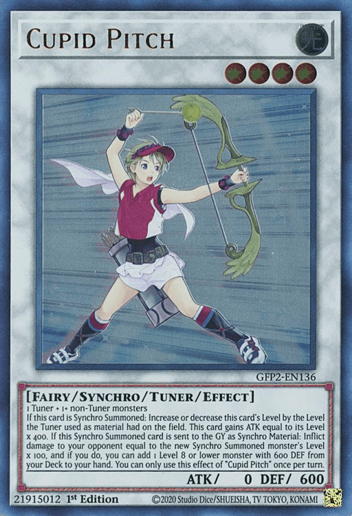 A Yu-Gi-Oh! trading card titled "Cupid Pitch [GFP2-EN136] Ultra Rare" from the Ghosts From the Past set. It depicts a humanoid figure with short hair and a headband, dressed in green and white, wielding a large green bow ready to shoot. The card text details its effects and stats: ATK 0 / DEF 600.