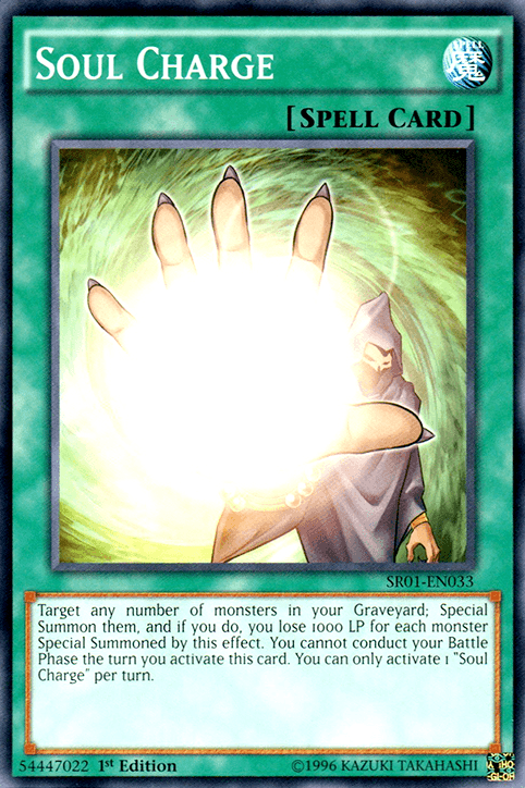 An image of the Yu-Gi-Oh! trading card "Soul Charge [SR01-EN033] Common," a Normal Spell from the Emperor of Darkness set. The card showcases a glowing hand with fingers spread wide, emitting light, while a cloaked figure stands in the background. The effect description and other game-related text are visible below.