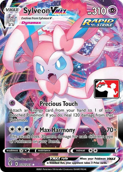 A Sylveon VMAX (075/203) [Prize Pack Series One] card from the Pokémon series. The ultra-rare card features Sylveon, a pink and white fairy-type Pokémon, surrounded by a colorful, starry background. Its moves include Precious Touch and Max Harmony. With 310 HP, it evolves from Sylveon V and is numbered 075/203 in Prize Pack Series One.