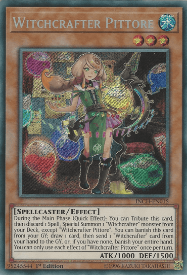 A "Yu-Gi-Oh!" trading card featuring the Secret Rare Effect Monster "Witchcrafter Pittore [INCH-EN015] Secret Rare." The card depicts a young female spellcaster wearing a green and pink witch outfit with a book and paintbrush. Text describes her spellcaster effect. The card's ATK is 1000 and DEF is 1500. Edition 1, card number INCH-EN015