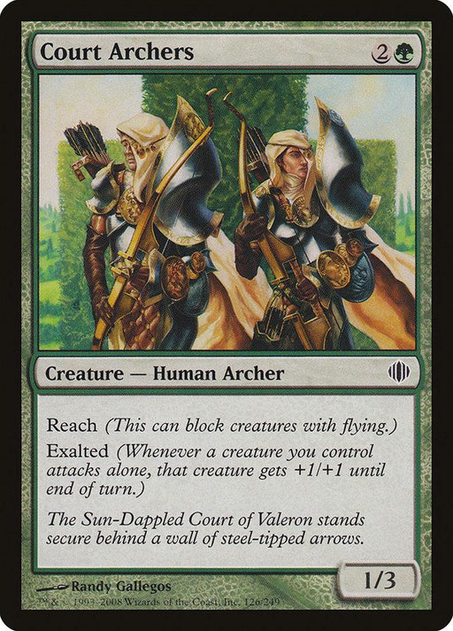 A "Magic: The Gathering" card titled "Court Archers [Shards of Alara]." This Creature — Human Archer depicts two armored archers with longbows, each adorned in shiny, intricate armor with curved shoulder plates. The card details its abilities: Reach and Exalted, and the flavor text describing the Sun-Dappled Court of Valeron.