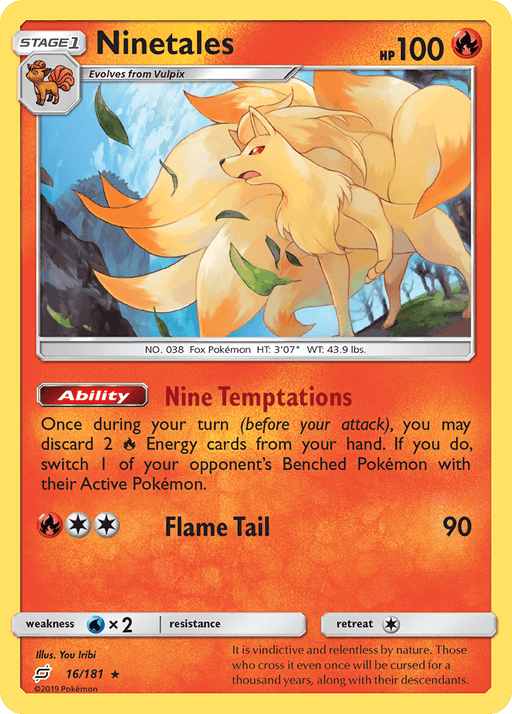 A Pokémon trading card featuring "Ninetales (16/181) [Sun & Moon: Team Up]" from the brand Pokémon. It shows an elegant, fox-like creature with nine flowing, golden tails standing on a grassy field. The card has a red border. Abilities include "Nine Temptations" and "Flame Tail" with 90 damage. It has 100 HP and is from the Sun & Moon: Team Up series.