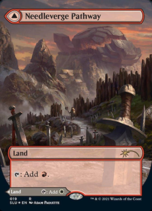 The image depicts a "Needleverge Pathway // Pillarverge Pathway (Borderless) [Secret Lair: Ultimate Edition 2]" trading card from the Magic: The Gathering game. This rare land card features a rocky, mountainous landscape with a path winding through jagged rocks. A gigantesque stone structure looms in the background under a sunset sky. Part of Secret Lair Ultimate Edition 2 series, it can generate red mana.
