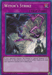 A Yu-Gi-Oh! trading card titled "Witch's Strike [SAST-EN079] Secret Rare." It is a Secret Rare, Normal Trap card with a purple border. The illustration depicts a sorceress casting a spell on a frightened figure in a hooded cloak. The background features mystical symbols and purple lightning. Text below describes the card's effect.