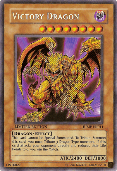 A Yu-Gi-Oh! trading card featuring Victory Dragon [JUMP-EN011] Secret Rare, a dragon-type Effect Monster. The card's border is brown and labeled "Secret Rare" with card number JUMP-EN011 from the Shonen Jump Magazine Promos series. The gold, fierce-looking dragon boasts stats (ATK/2400 DEF/3000) and its effect is detailed in the text below.