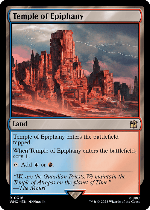 The image shows a Magic: The Gathering card named "Temple of Epiphany [Doctor Who]." The card features artwork of a grand, rocky structure set against a dramatic sky with lightning, reminiscent of a scene from Doctor Who. The card text states it enters the battlefield tapped and lets you scry 1 when it does. It can produce either red or blue mana.