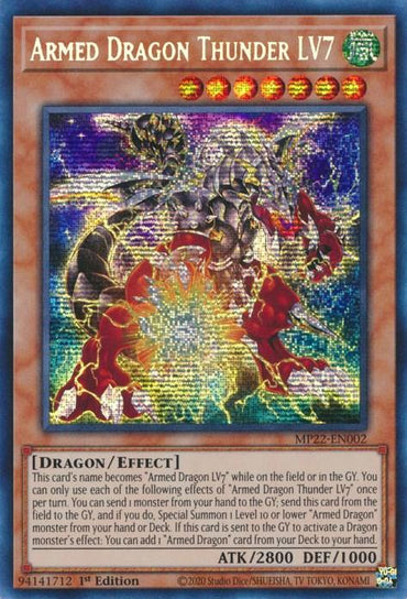 The image showcases the Yu-Gi-Oh! Armed Dragon Thunder LV7 [MP22-EN002] Prismatic Secret Rare trading card. The card boasts a holographic design featuring a dragon with red and black armor and yellow accents. Its stats include Attack: 2800 and Defense: 1000, with the text box detailing its special abilities as an Effect Monster.