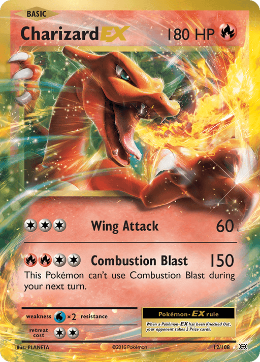 A Charizard EX (12/108) [XY: Evolutions] Pokémon card. Charizard is depicted breathing fire, surrounded by flames. The Ultra Rare card shows 180 HP, and has two attacks: Wing Attack (60 damage) and Combustion Blast (150 damage). Weakness to water (x2). Illustration by PLANETA.

