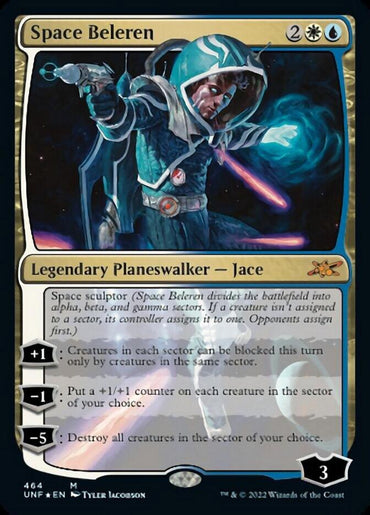 Image of a Magic: The Gathering card named "Space Beleren (Galaxy Foil) [Unfinity]." It features Jace, a blue-wearing planeswalker, pointing forward with a glowing, futuristic weapon. Text details abilities for categories alpha, beta, and gamma sectors. The blue and gold ornate designs frame this Unfinity legendary planeswalker with three loyalty points.