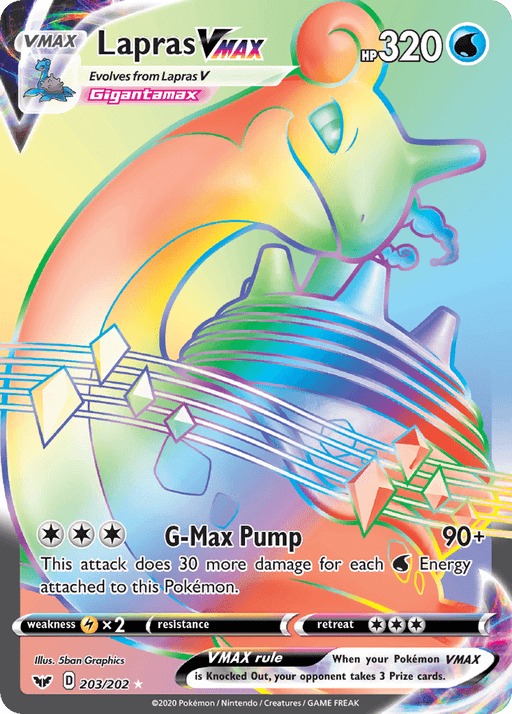 A Pokémon trading card featuring Lapras VMAX with HP 320. This Water Type card from the Sword & Shield series displays a colorful Lapras with rainbow waves and musical notes around it. The attack, "G-Max Pump," does 90+ damage. Illustrated by 5ban Graphics, it's numbered 203/202 and is a Secret Rare card.

Product Name: Lapras VMAX (203/202) [Sword & Shield: Base Set]
Brand Name: Pokémon