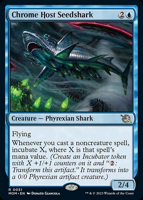 A Magic: The Gathering card titled "Chrome Host Seedshark [March of the Machine]." This blue card with a silver border showcases artwork of a fearsome Phyrexian Shark swimming in a cybernetic ocean. With metallic elements and a glowing red eye, this 2/4 creature has flying and an incubate ability triggered by casting noncreature spells.