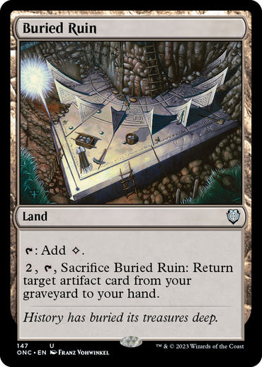 Magic: The Gathering card named "Buried Ruin [Phyrexia: All Will Be One Commander]." The artwork showcases an ancient stone ruin set in a rugged terrain. Scattered throughout this land card are worn banners and relics. It enables mana generation and includes a unique ability to recover an artifact card from the graveyard. The text at the bottom states, "History has buried its treasures deep.