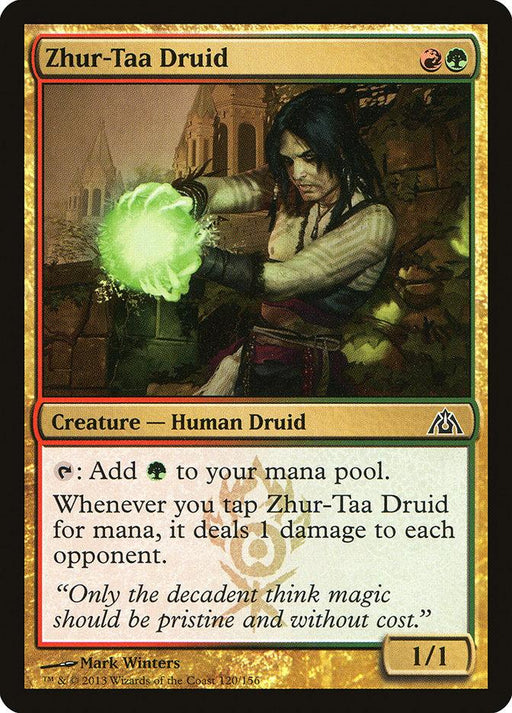 The image depicts a Magic: The Gathering product named "Zhur-Taa Druid [Dragon's Maze]". This card features a Human Druid casting a green magical spell, with a cost that includes green and red mana symbols. It has a power and toughness of 1/1 and special abilities related to mana generation and dealing damage.