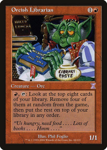 The image highlights a unique card from the Magic: The Gathering brand, part of the Time Spiral Timeshifted series, known as "Orcish Librarian." It depicts a Creature Orc with green skin donning glasses and a red and white striped shirt, holding books beside a jar labeled "Library Paste." The card requires 1R mana for casting and has a power/toughness rating of 1/1.