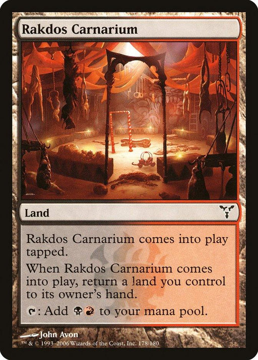 Illustration of Rakdos Carnarium [Dissension], a Magic: The Gathering card. This Land card allows black and red mana production but enters the battlefield tapped and returns a land to its owner's hand. The art depicts a sinister, fiery circus-like environment.